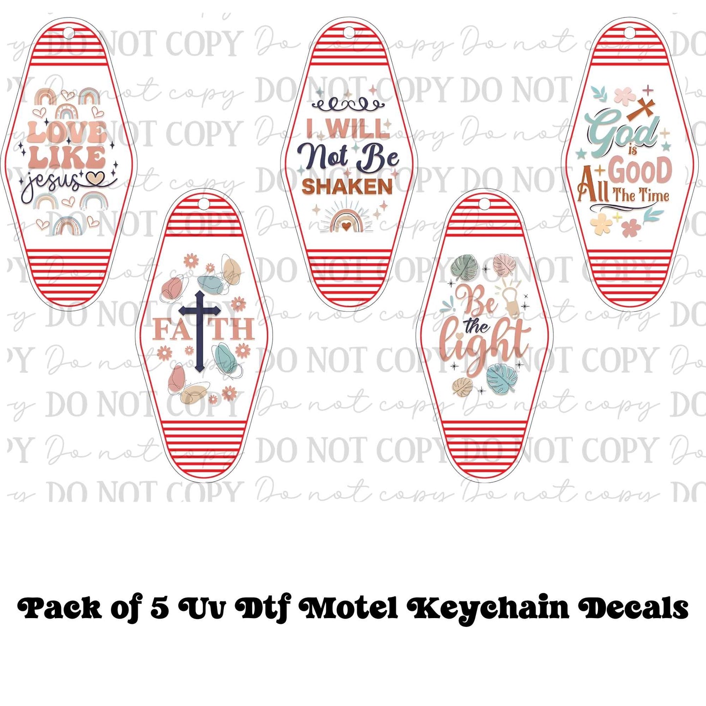 Faith Based Boho Motel Keychain UV DTF Decal Set – Pack of 5