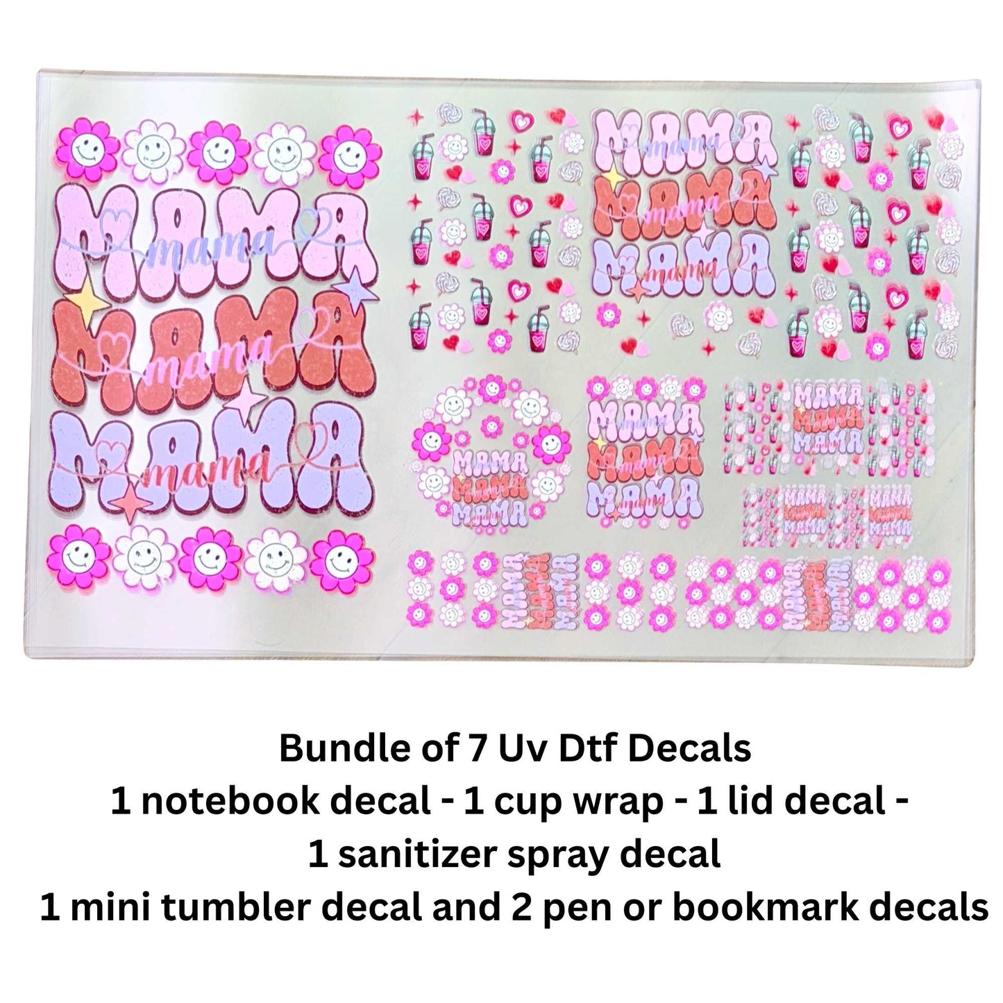 Mama 7-Piece UV DTF Decal Bundle – Cup Wrap, Notebook, Lid, Keychain & Pen Decals – Single-Sided Peel & Stick Hard Surface Transfers