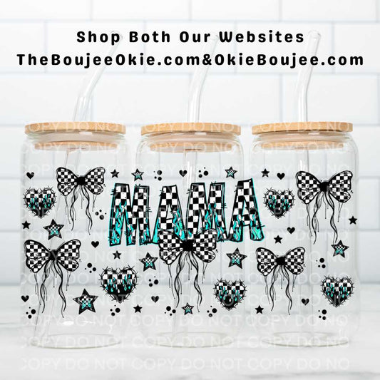 Mama Turquoise Flames & Checkered Bows UV DTF Double-Sided Wrap – 16oz Glass Can & Tumbler Design