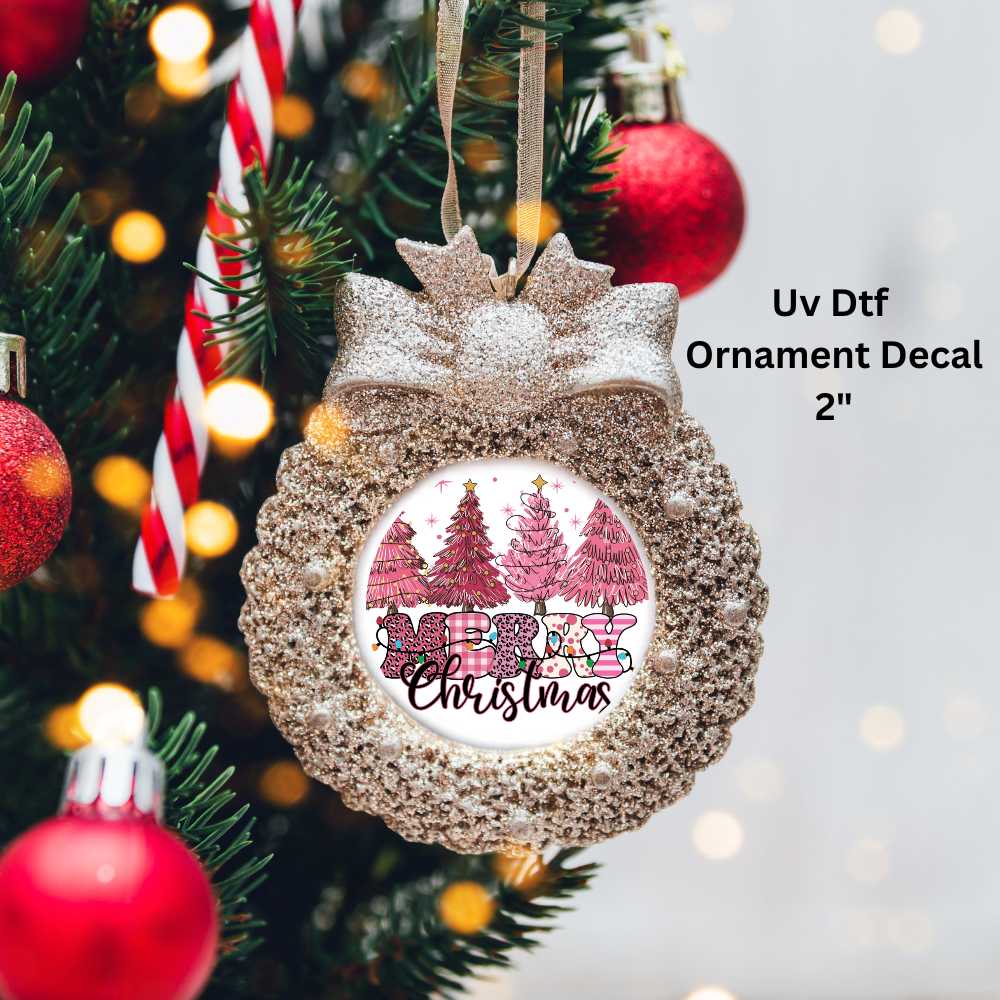 Pink Trees Merry Christmas Ornament or Magnet Double-Sided UV DTF Decal