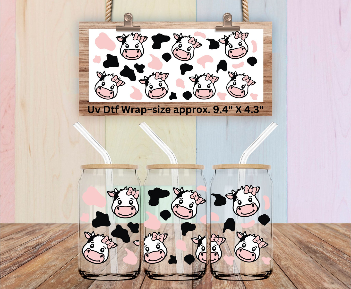 Uv Dtf Wrap Cute Little Cow Faces Pink & Black Spots