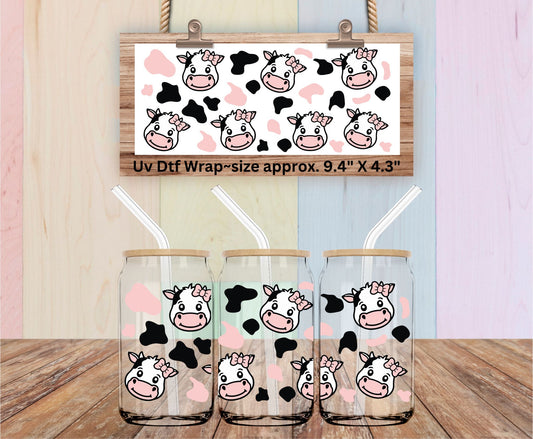 Uv Dtf Wrap Cute Little Cow Faces Pink & Black Spots