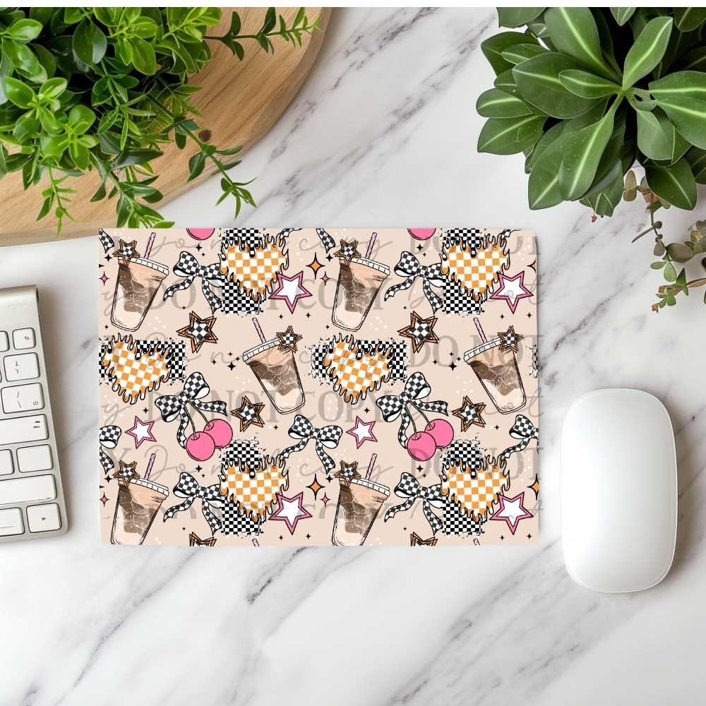 Iced Coffee Checkered Bows & Cherries Mousepad Sublimation Print