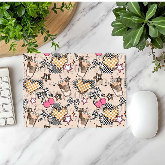 Iced Coffee Checkered Bows & Cherries Mousepad Sublimation Print