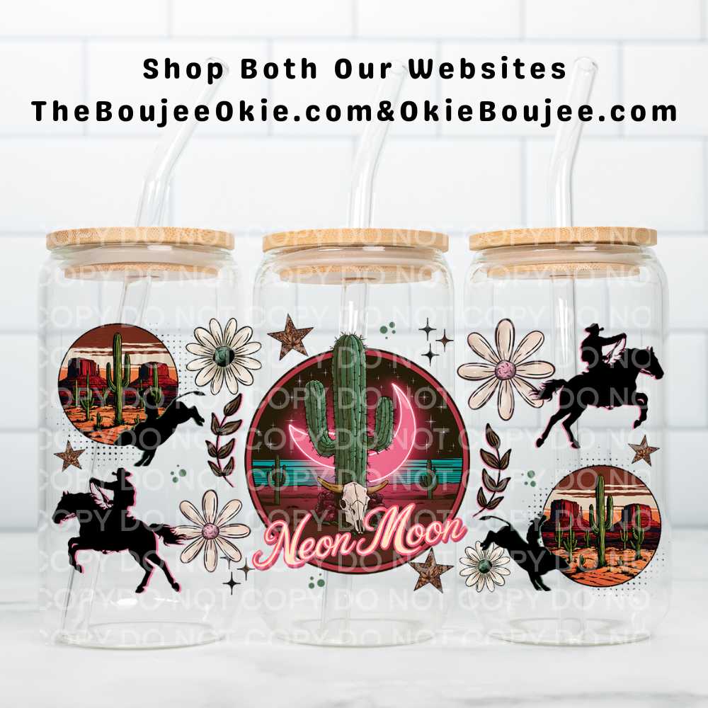 Neon Moon Western UV DTF Double-Sided Wrap – 16oz Glass Can & Tumbler Design