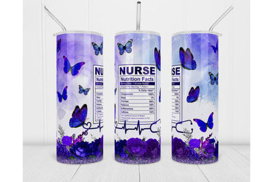 Nurse Nutrition Facts Purple Butterflies 20oz Skinny Tumbler Sublimation Print