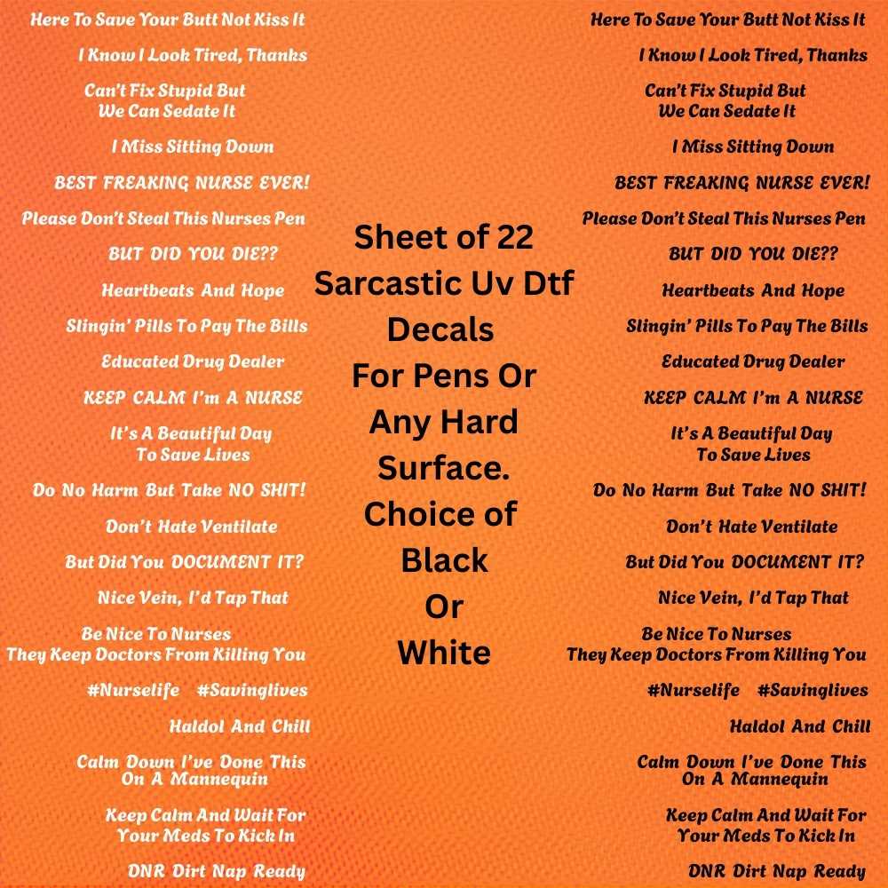 22-Pack Nurse Sarcastic UV DTF Pen Decals – Snarky Sayings for Pens & More