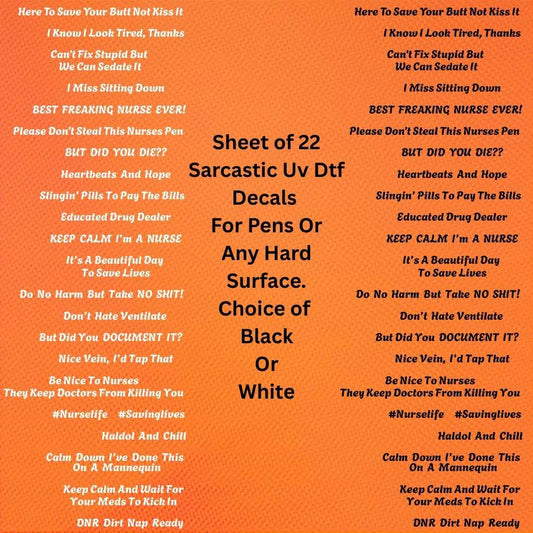 22-Pack Nurse Sarcastic UV DTF Pen Decals – Snarky Sayings for Pens & More