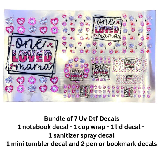 One Loved Mama 7-Piece UV DTF Decal Bundle – Cup Wrap, Notebook, Lid, Keychain & Pen Decals – Single-Sided Peel & Stick Hard Surface Transfers