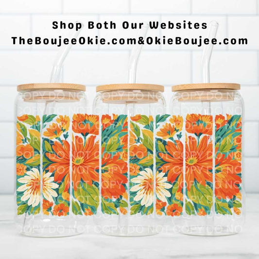 Orange Floral Watercolor Uv Dtf Cup Wrap Double Sided
