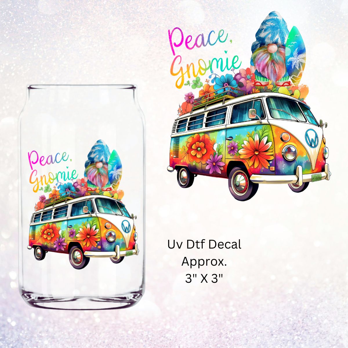 Uv Dtf Decal Peace Gnomie | Retro Hippy Van Gnome | Double Sided