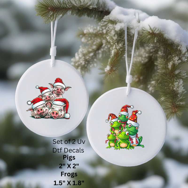 Set of 2 Uv Dtf Ornament Decals Frogs & Pigs  | Christmas in July