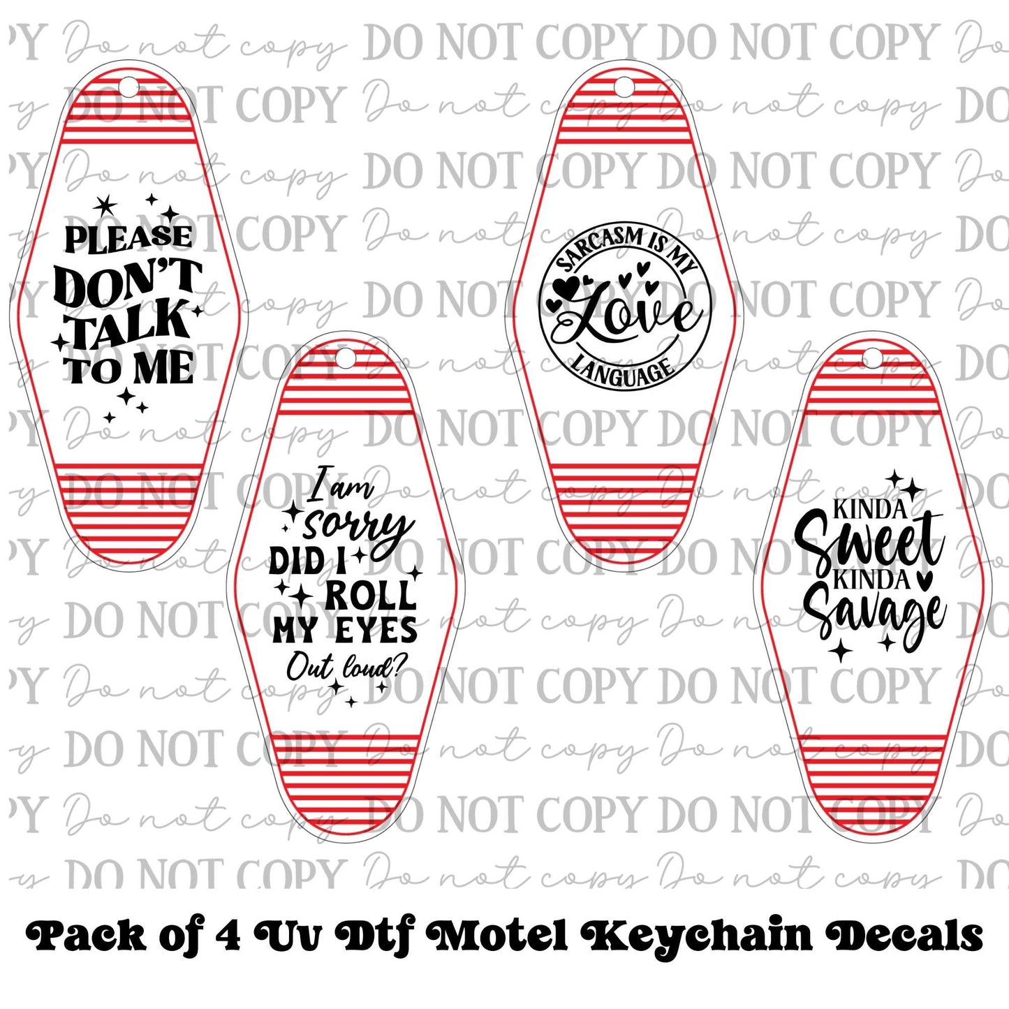 Funny & Sarcastic Motel Keychain UV DTF Decal Set – Pack of 4