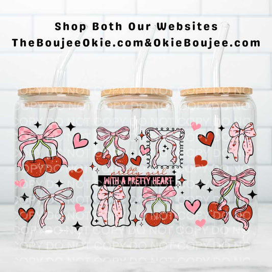 Pretty Girl With A Pretty Heart Bows & Cherries UV DTF Double-Sided Wrap – 16oz Glass Can & Tumbler Design
