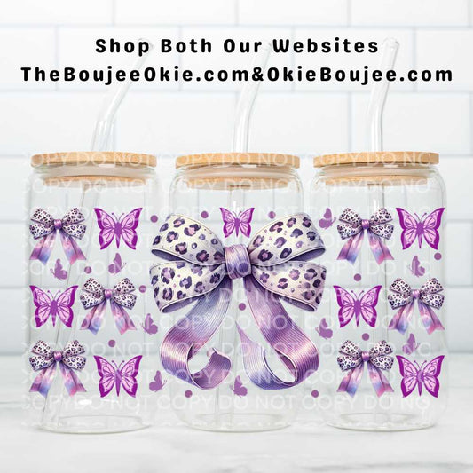 Purple Leopard Bows & Butterflies UV DTF Wrap Or Elements & Clip Art Sheet – Double Sided Cup Wrap Size
