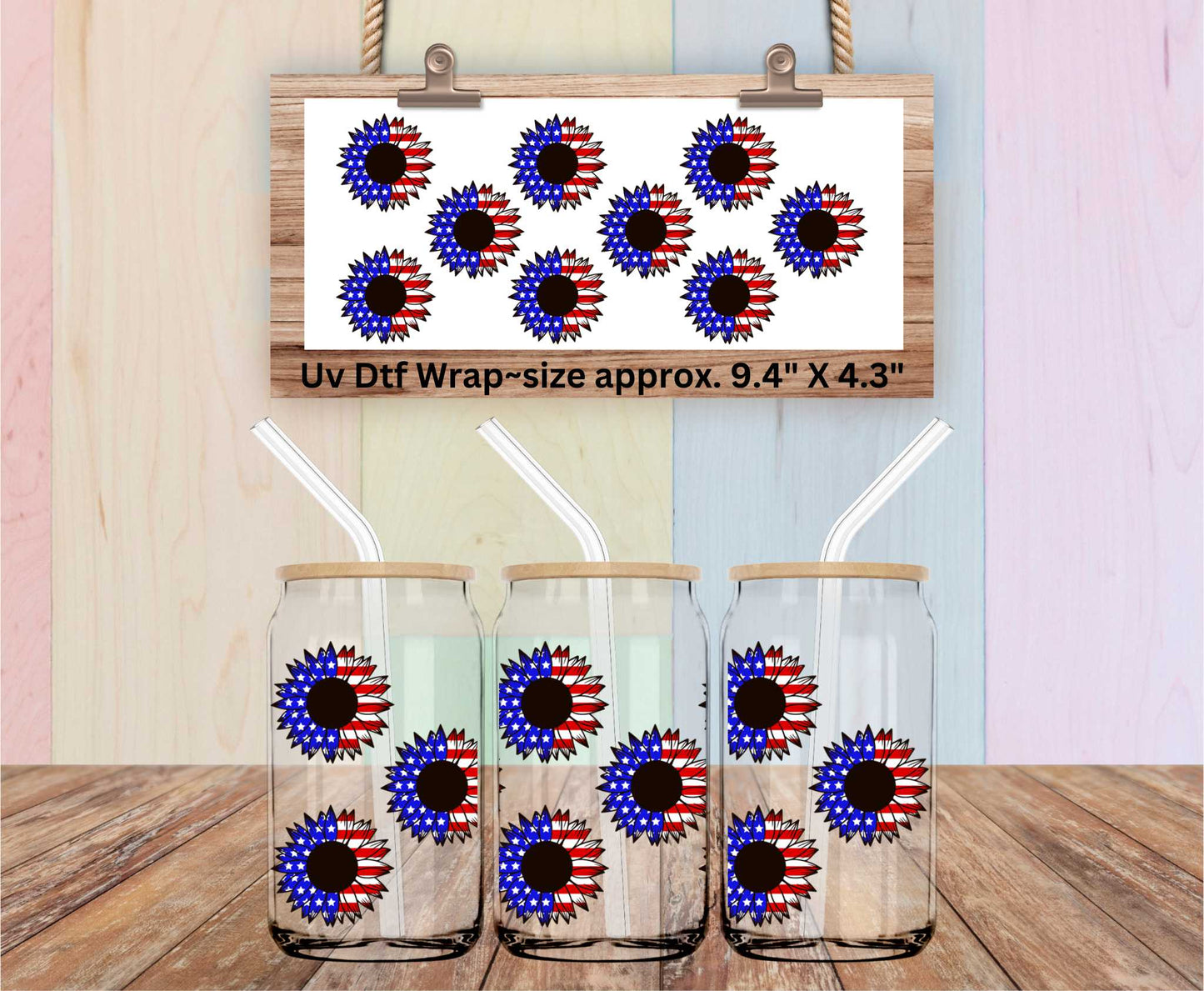 Uv Dtf Wrap Red White & Blue Sunflowers | Double Sided