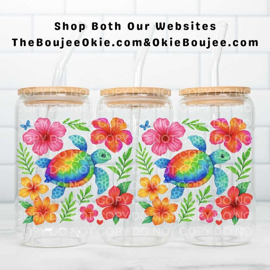 Sea Turtles Tropical Flowers Uv Dtf Cup Wrap Double Sided