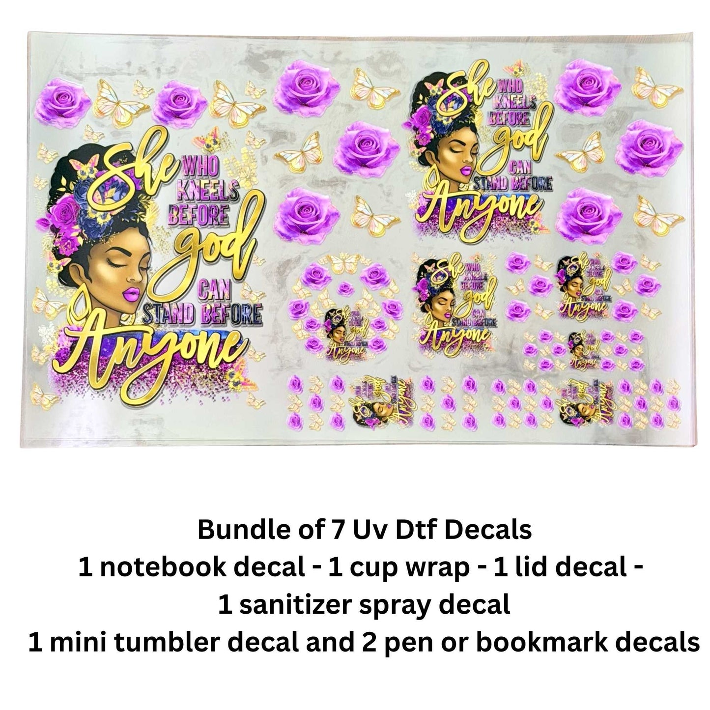 She Who Kneels Before God 7-Piece UV DTF Decal Bundle – Cup Wrap, Notebook, Lid, Keychain & Pen Decals – Single-Sided Peel & Stick Hard Surface Transfers