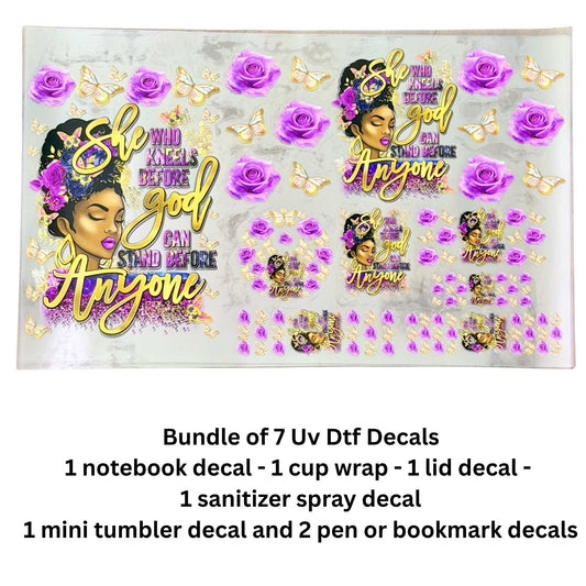 She Who Kneels Before God 7-Piece UV DTF Decal Bundle – Cup Wrap, Notebook, Lid, Keychain & Pen Decals – Single-Sided Peel & Stick Hard Surface Transfers