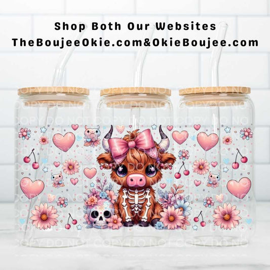 Valentine Skelly Highland Cow UV DTF Double-Sided Wrap – 16oz Glass Can & Tumbler Design