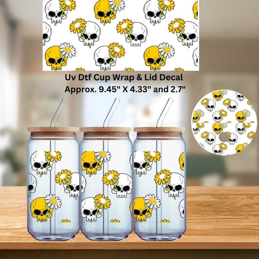 UV Dtf Wrap & Lid Decal Skulls & Daisies | Daisy Flowers