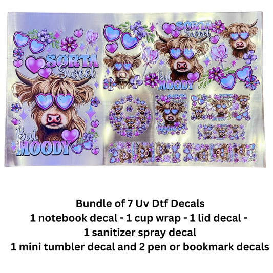 Sorta Sweet But Moody Highland Cow 7-Piece UV DTF Decal Bundle – Cup Wrap, Notebook, Lid, Keychain & Pen Decals – Single-Sided Peel & Stick Hard Surface Transfers