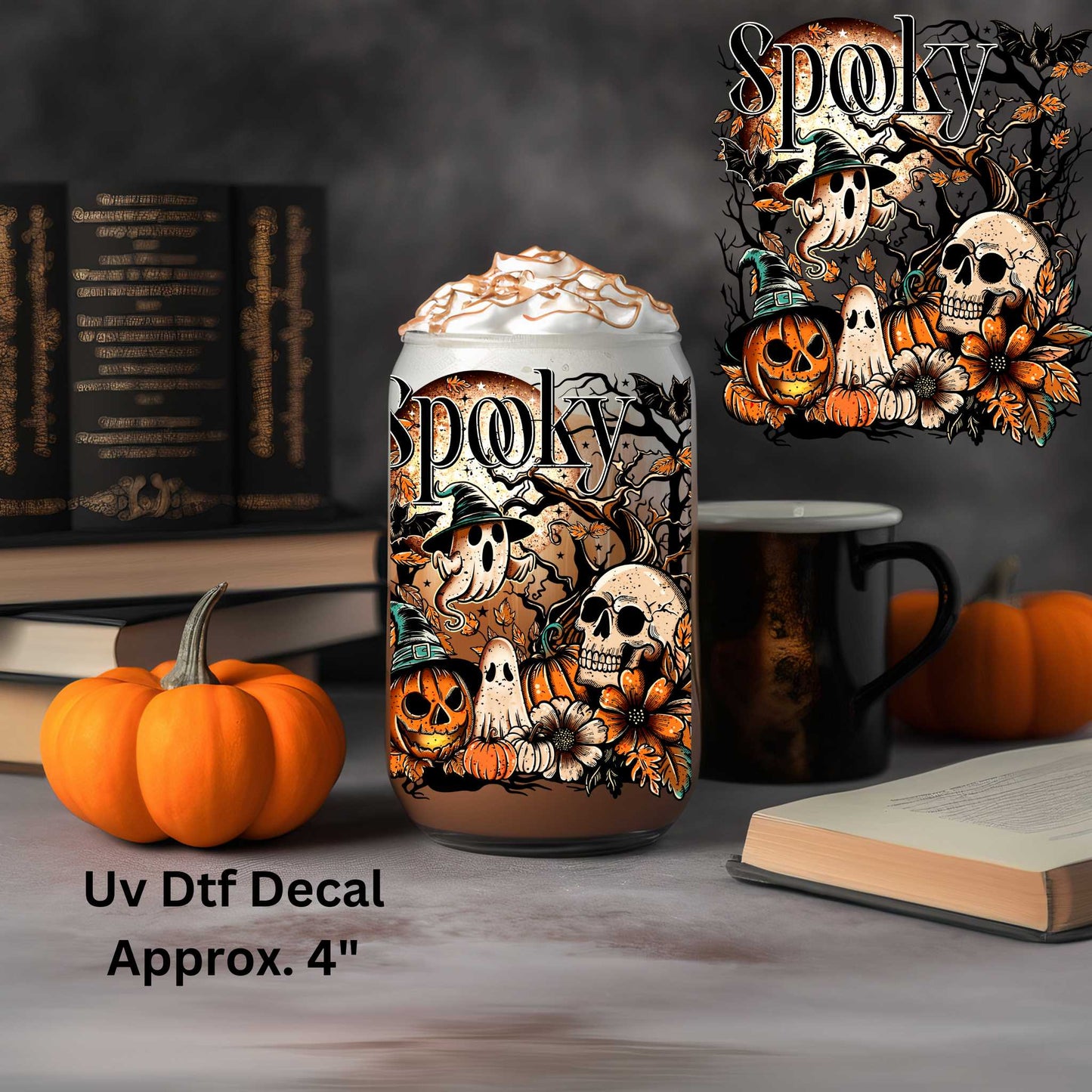 Spooky Double-Sided UV DTF Decal – Fall Florals with Ghosts, Pumpkins & Skull