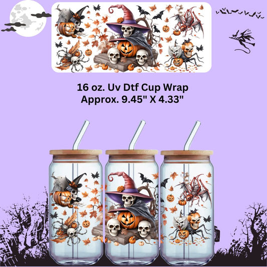 Spooky Witch Skulls & Pumpkins Double Sided Uv Dtf Wrap Halloween