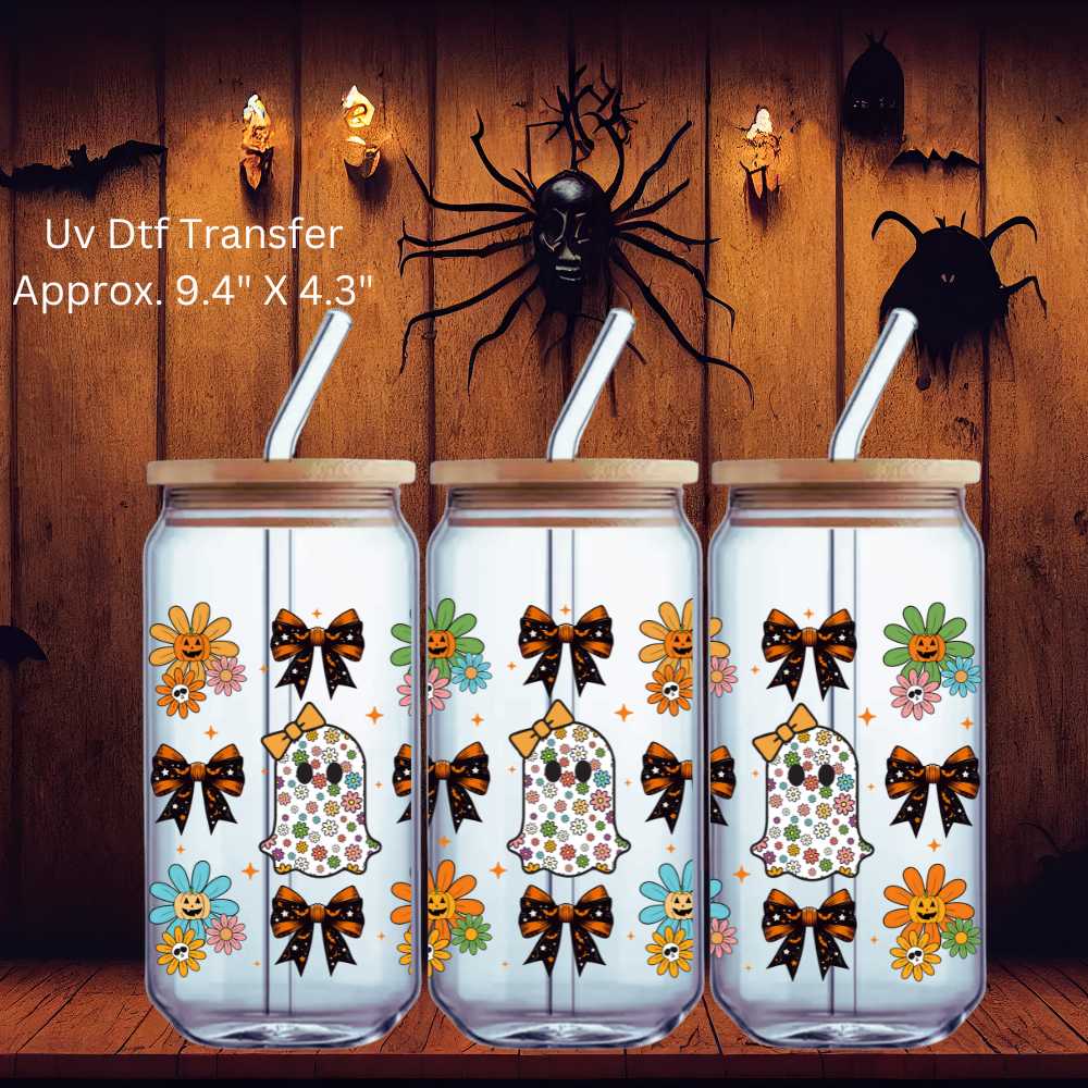 Uv Dtf Wrap Spooky Pumpkin Daisies & Cute Ghosts | Halloween | Double Sided Uv Dtf