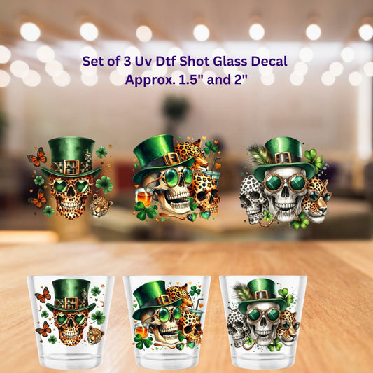 Set of 3 Uv Dtf Shot Glass Decals St Patrick's Day Skull Designs