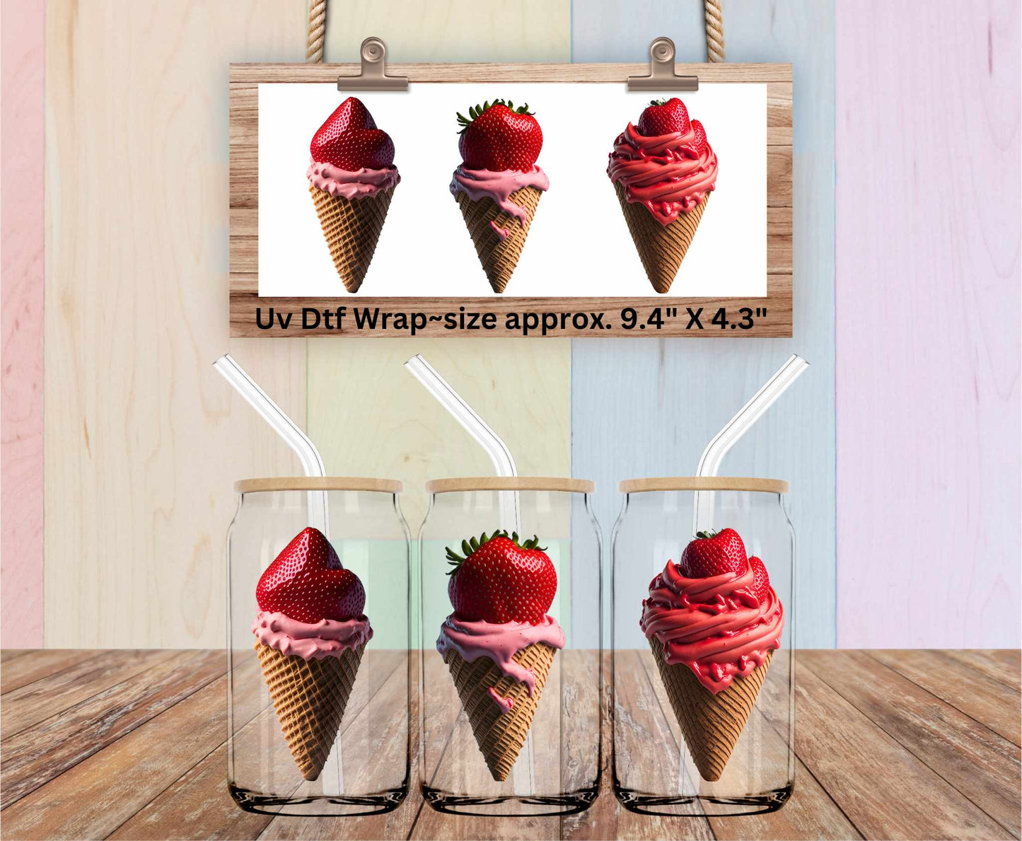 Uv Dtf Wrap Strawberry Ice Cream Cones