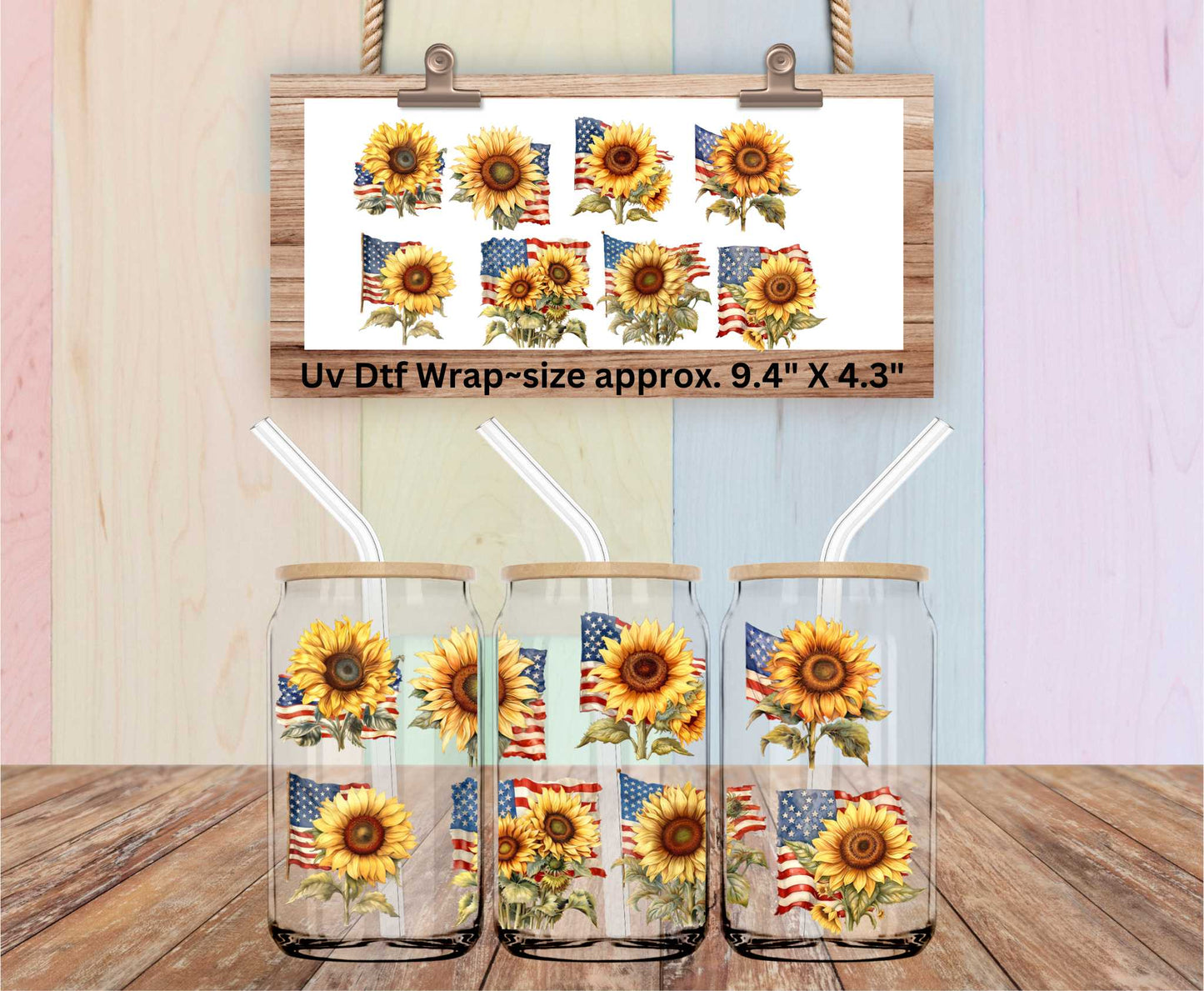 Uv Dtf Wrap Sunflowers & American Flags | Double Sided