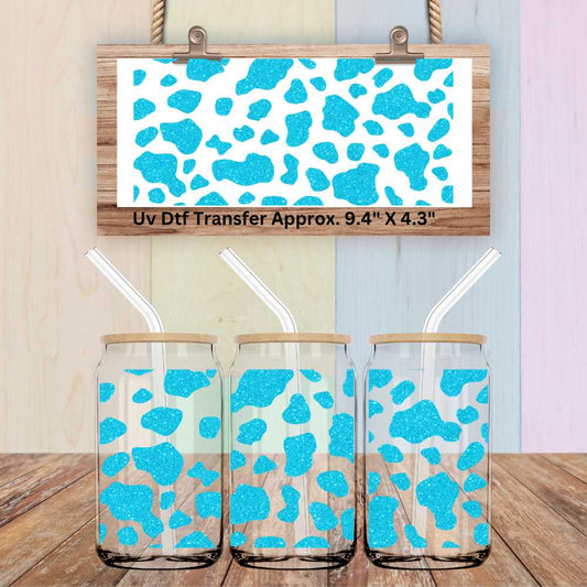 Uv Dtf Wrap Faux Glitter Teal Cow Print | Double Sided Uv Dtf