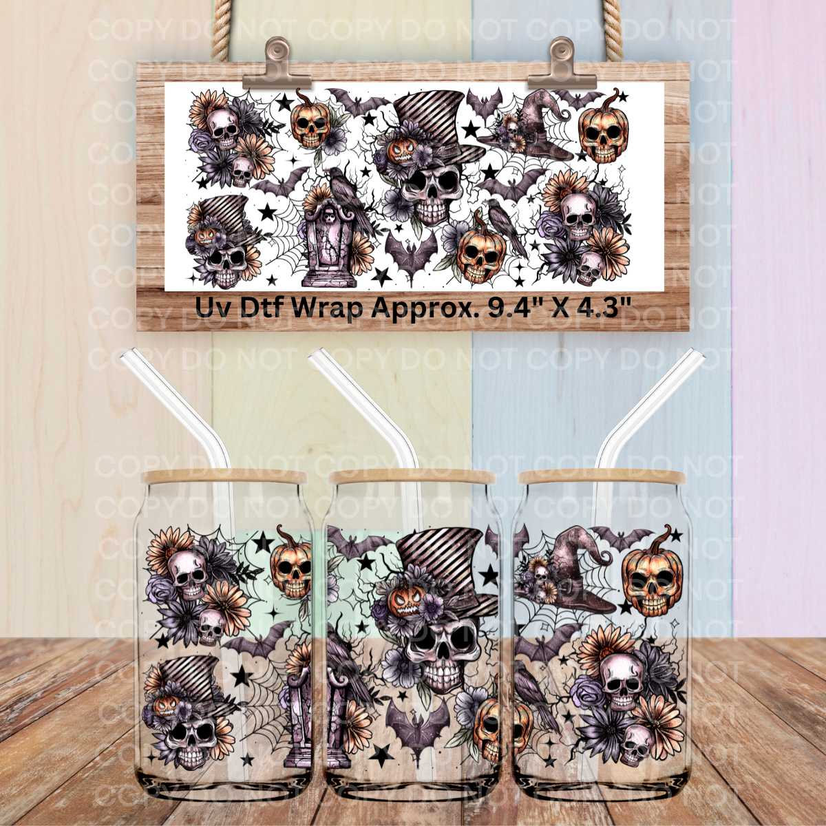 Dark Floral Skull~Top Hat~Pumpkins~Bats Double-Sided UV DTF Wrap | Halloween