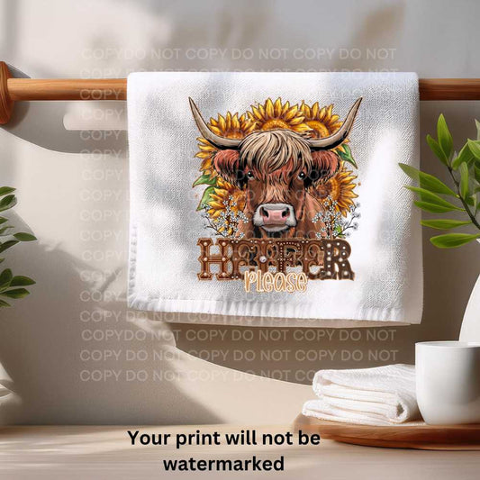 Heifer Please Towel Sublimation Print | Sunflower Western Highland Cow