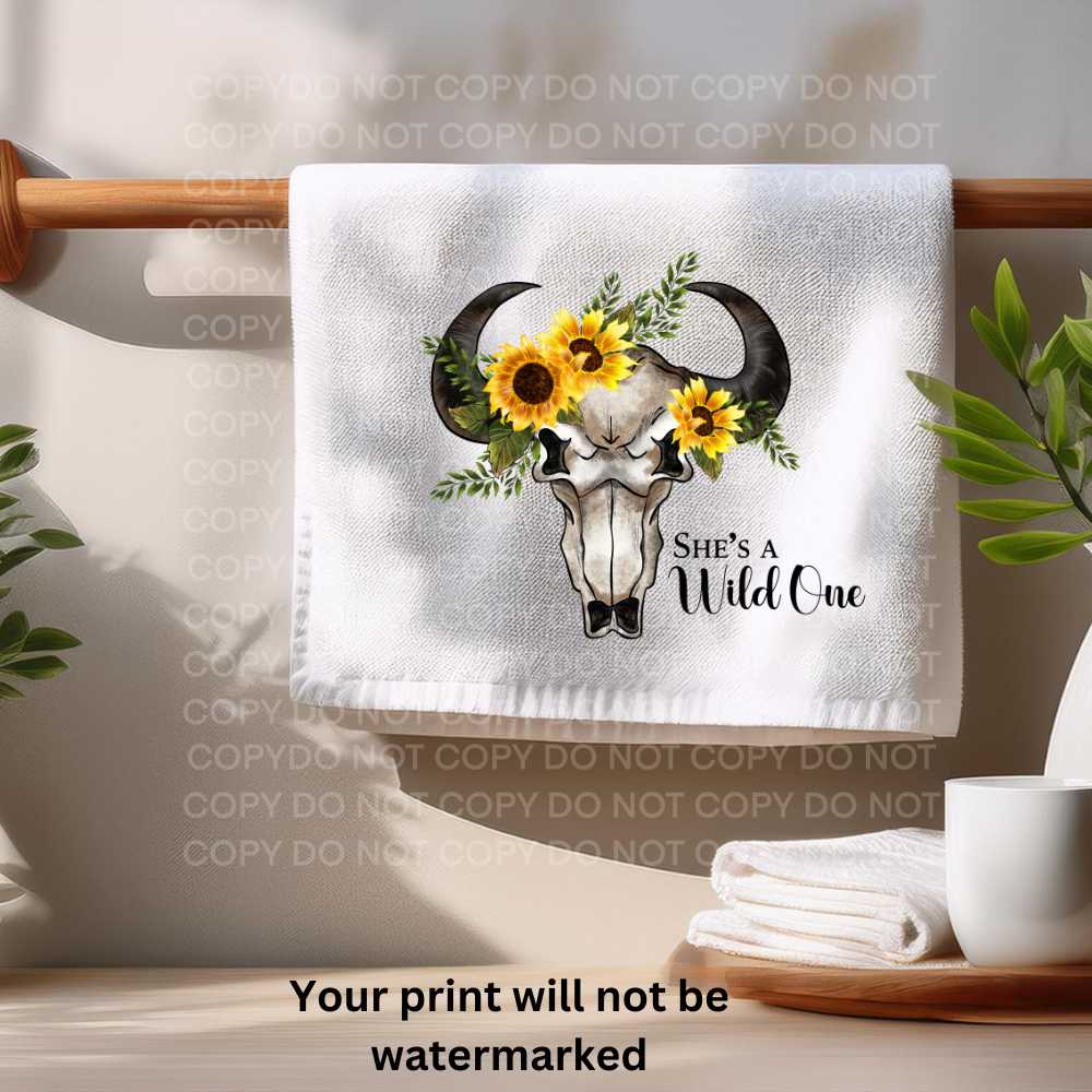 She's A Wild One Towel Sublimation Print Sunflower Steer Skull | Western