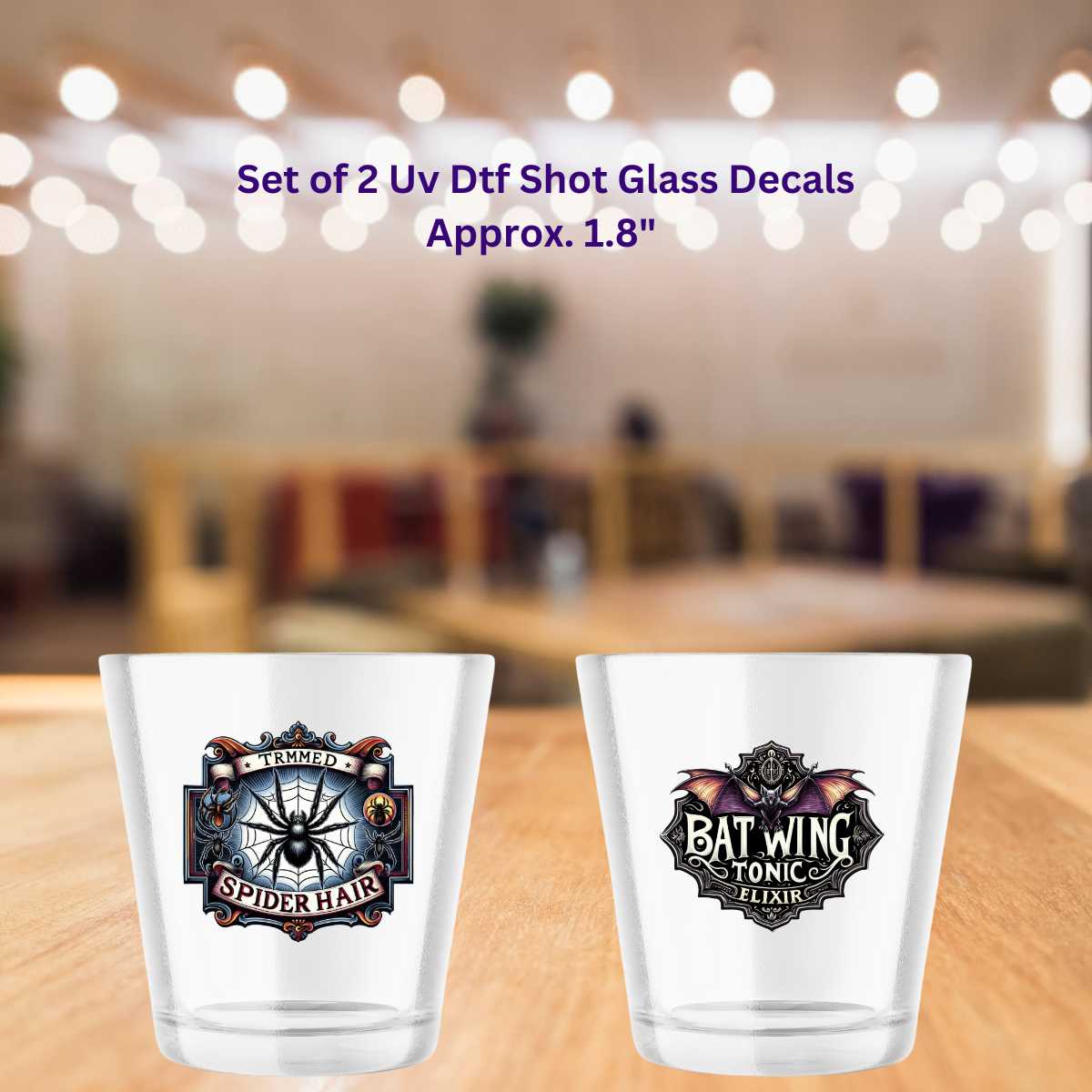 Trimmed Spider Hair & Bat Wing Tonic Elixir Double-Sided UV DTF Shot Glass Decal Set of 2