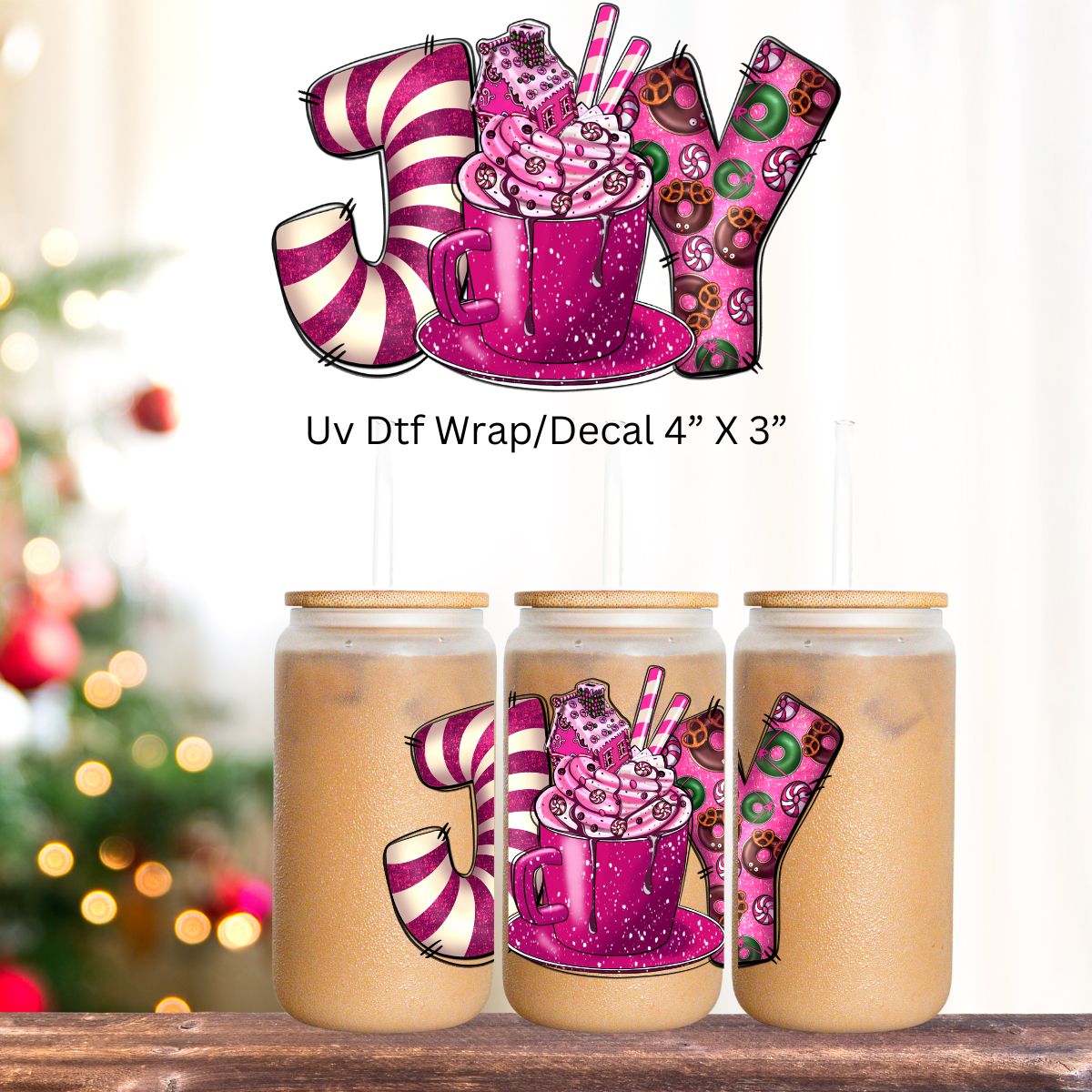 Uv Dtf  Decal Christmas JOY in Pink | Christmas