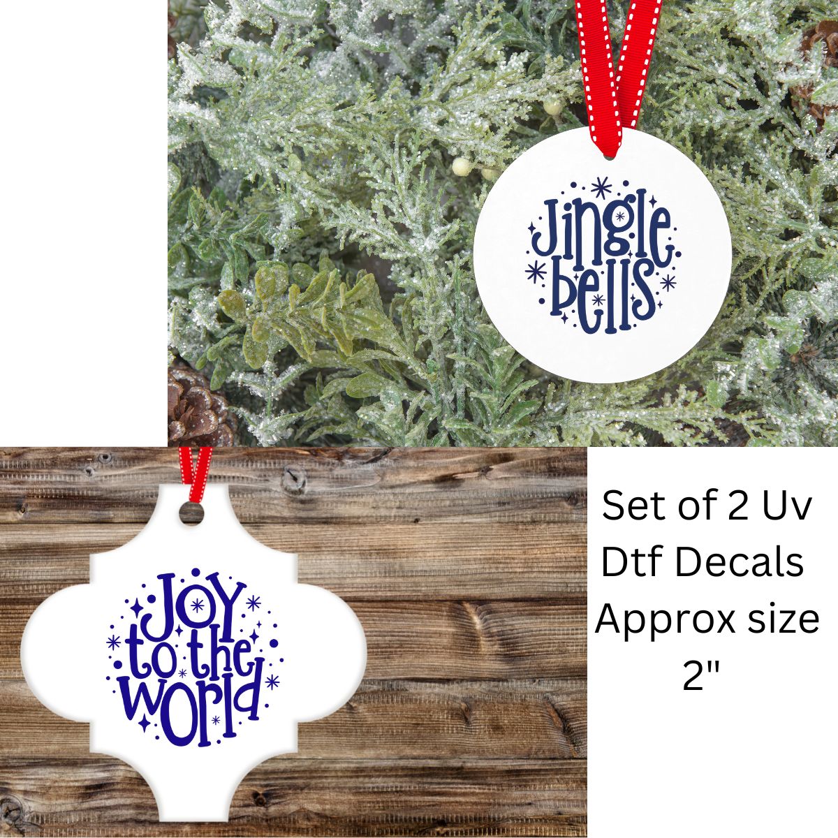 Uv Dtf Ornament Decal Set of 2 Joy To The World & Jingle Bells