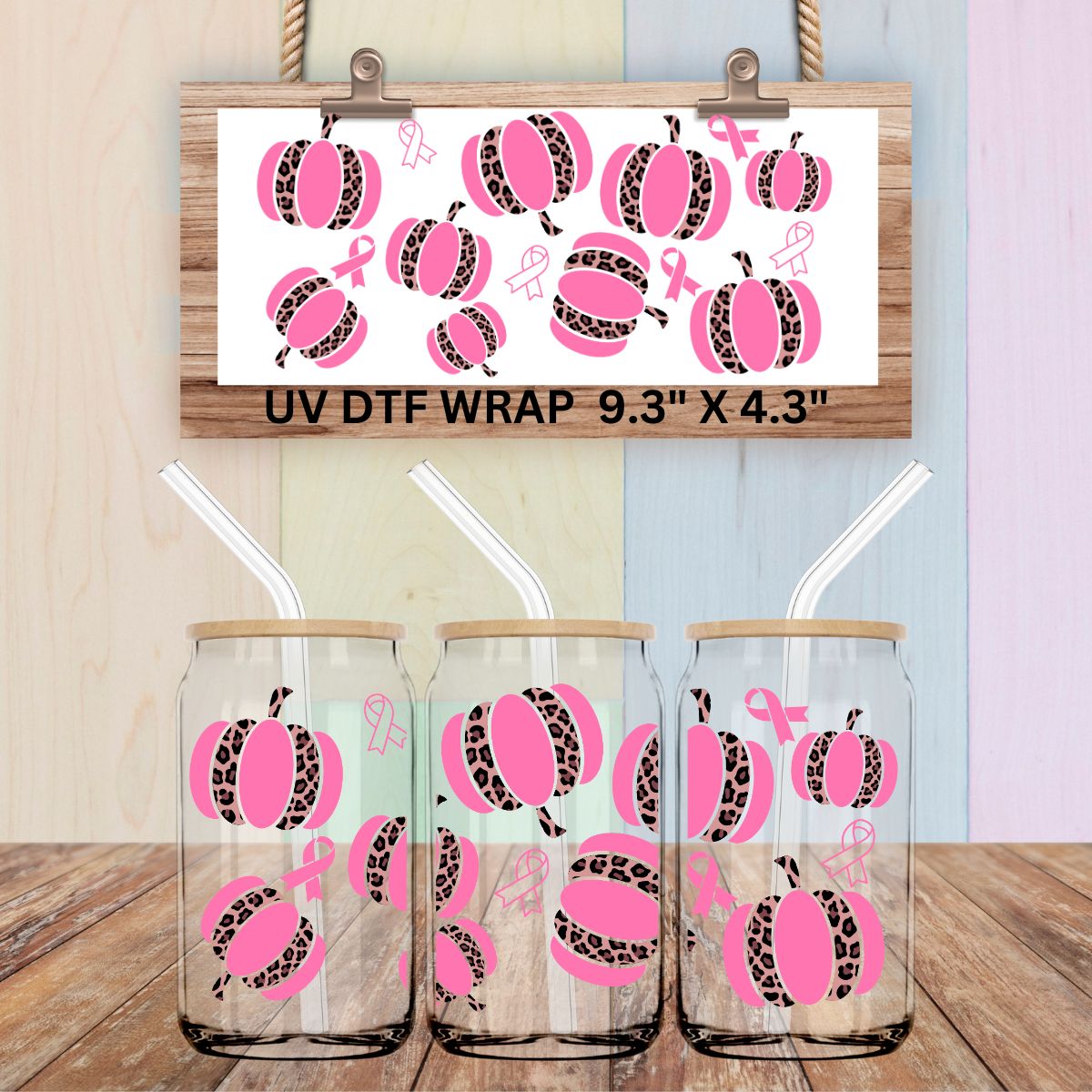 Uv Dtf Cup Wrap Breast Cancer Awareness Leopard & Pink Pumpkins