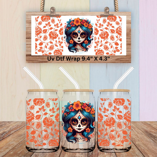 Uv Dtf Cup Wrap Catrina | Orange floral | Day of the Dead |