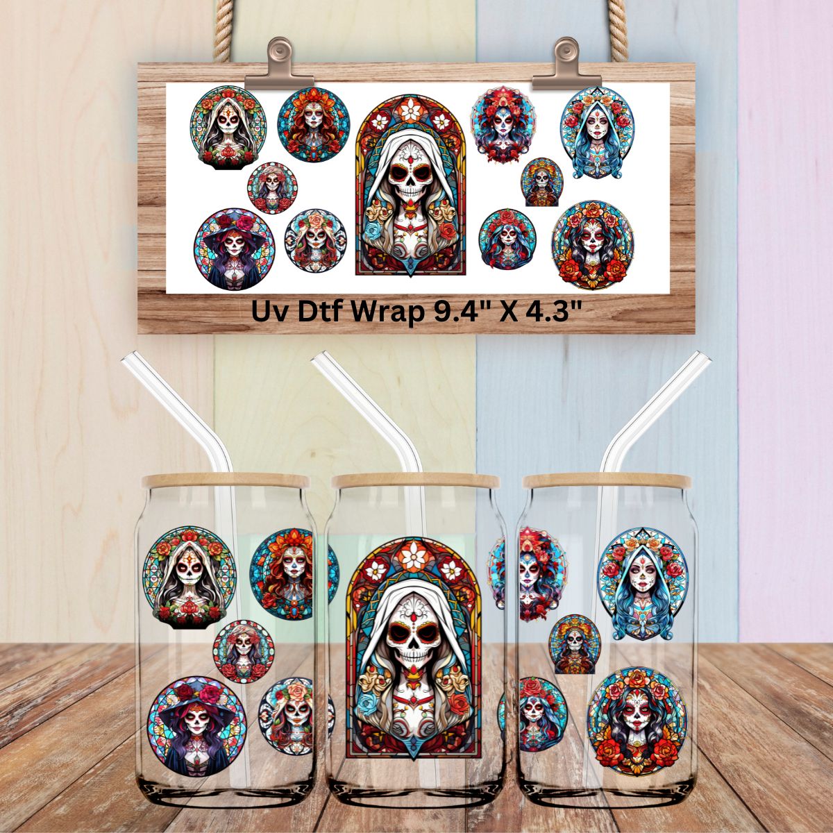 Uv Dtf Cup Wrap Stained Glass Catrina | Day of the Dead |