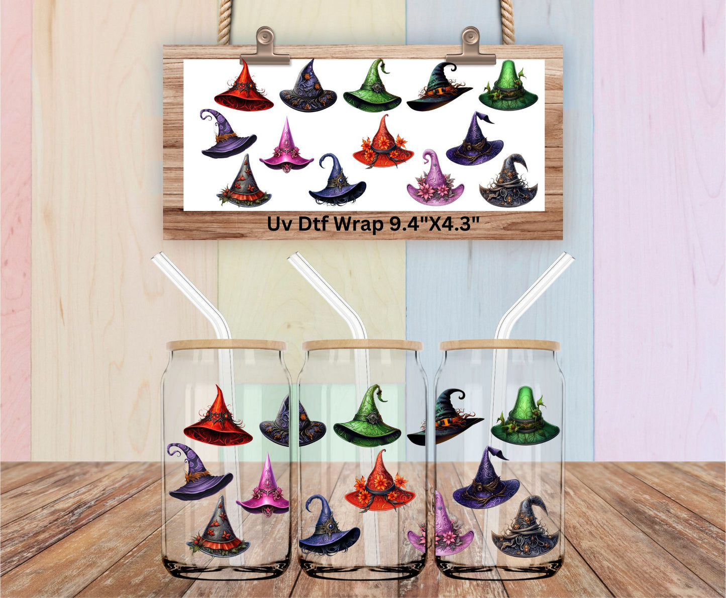 Bright Colorful Whimsical Witches Hats Double-Sided UV DTF Cup Wrap