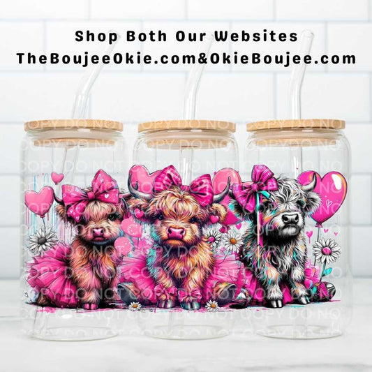 Valentine Pink Tutu Highland Cow UV DTF Double-Sided Wrap – 16oz Glass Can & Tumbler Design