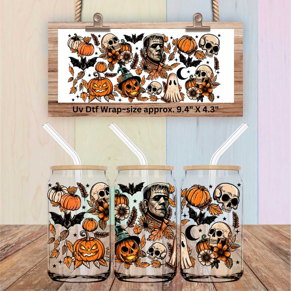 Spooky Floral Autumn Ghosts Skulls Pumpkins Double Sided Uv Dtf Wrap