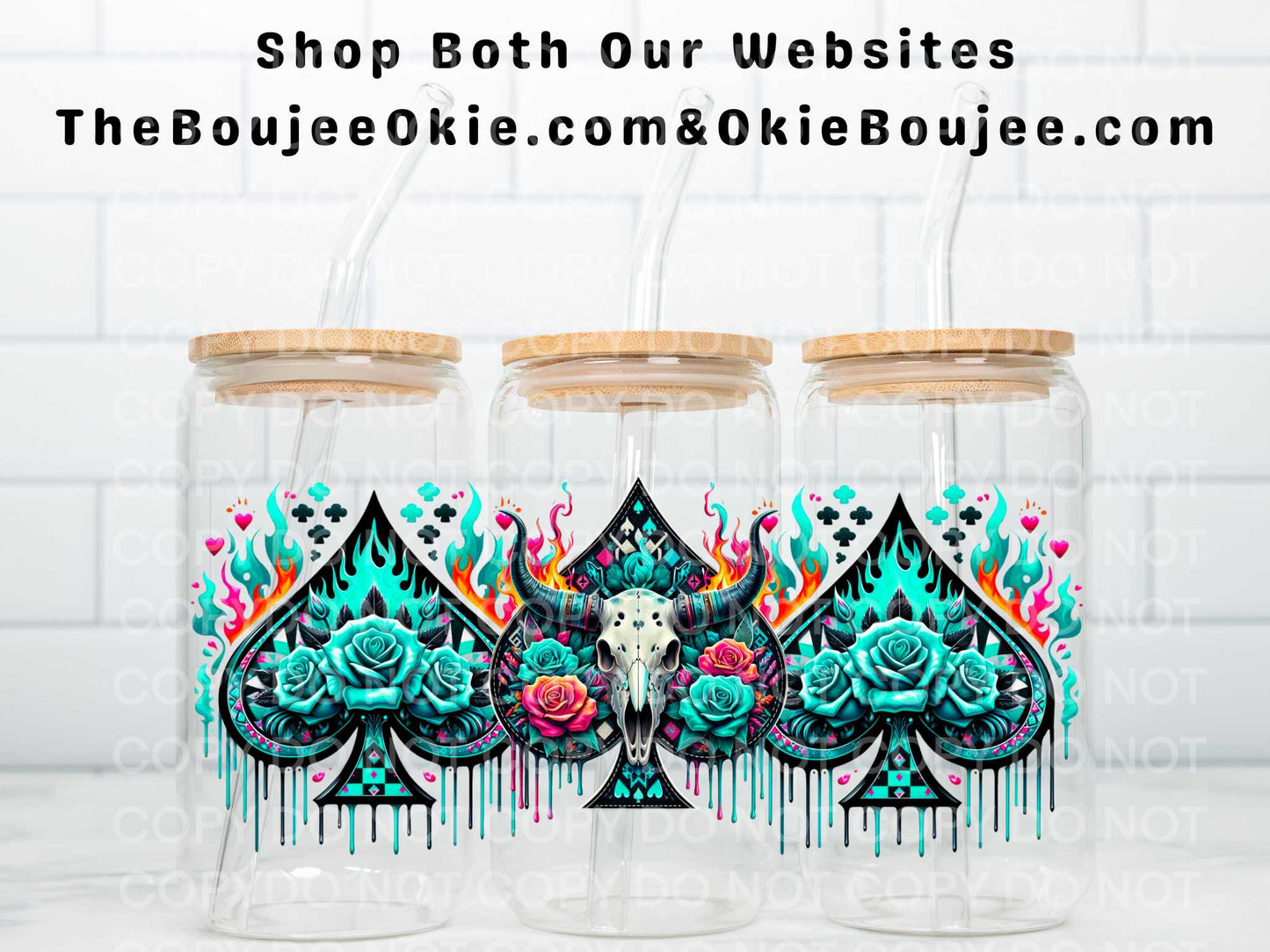 Western Skull Turquoise Roses on Spades  Double Sided Uv Dtf Wrap