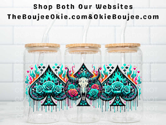 Western Skull Turquoise Roses on Spades  Double Sided Uv Dtf Wrap