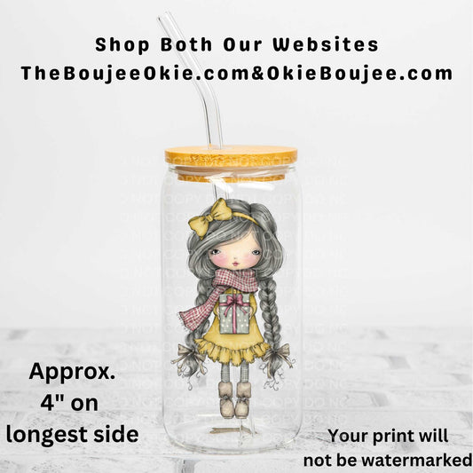 Whimsical Winter Girl With Gift Uv Dtf Decal