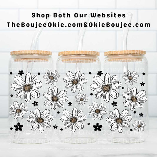 Daisies Black & White Daisy Flowers UV DTF Double-Sided Wrap – 16oz Glass Can & Tumbler Design