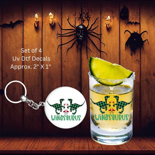 Winosaurus Shot Glass or Motel Key Chain UV DTF Double-Sided Decals (Set of 4)